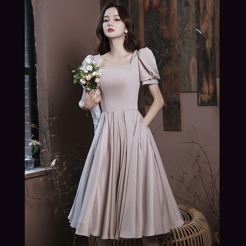 Chic Beautiful Nude Pearl Homecoming Graduation Dresses 2023 A Line Princess Satin Square Neckline Short Sleeve Backless Floor Length Long Formal Dresses Chic Beautiful Nude Pearl Homecoming Graduation Dresses 2023 A Line Princess Satin Square Neckline Short Sleeve Backless Floor Length Long Formal Dresses