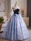 Charming Sky Blue Bow Butterfly Prom Dresses 2025 Ball Gown Strapless Short Sleeve Backless Floor-Length / Long Formal Dresses
