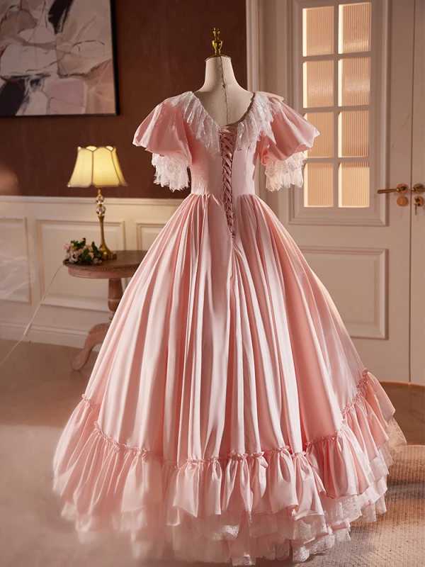 Vintage / Retro Medieval Blushing Pink Prom Dresses 2024 Ball Gown V-Neck Bow Short Sleeve Backless Floor-Length / Long Prom Formal Dresses