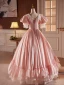 Vintage / Retro Medieval Blushing Pink Prom Dresses 2024 Ball Gown V-Neck Bow Short Sleeve Backless Floor-Length / Long Prom Formal Dresses