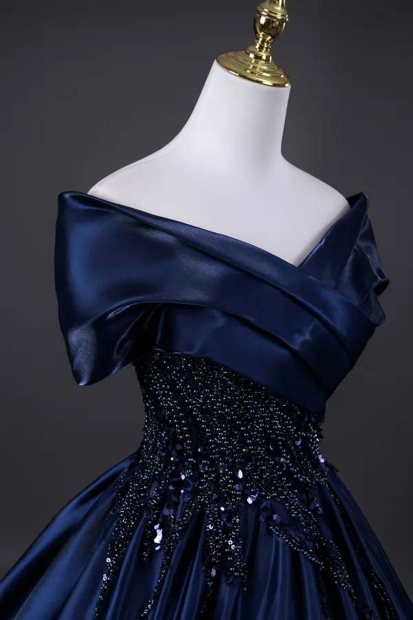 Vintage / Retro Navy Blue Beading Sequins Prom Dresses 2025 Ball Gown Off-The-Shoulder Short Sleeve Backless Floor-Length / Long Formal Dresses
