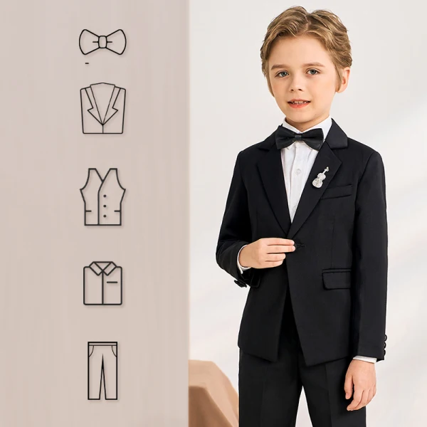 5-piece Black Long Sleeve Wedding Boys Wedding Suits 2024 Coat Pants Shirt Tie Vest