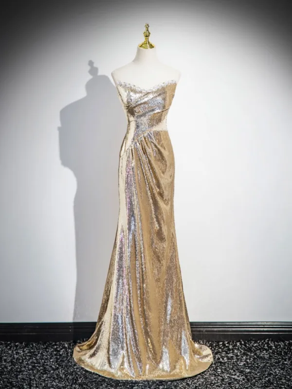 Sexy Gold Pailletten Abendkleider 2025 Meerjungfrau Bandeau Ärmellos Rückenfreies Lange Abend Festliche Kleider