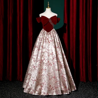 Fashion Burgundy Rhinestone Printing Evening Dresses 2023 A Line Princess Off The Shoulder Short Sleeve Backless Bow Floor Length Long Evening Party Formal Dresses