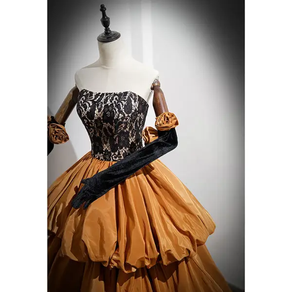 Chic / Beautiful Caramel Cascading Ruffles Prom Dresses 2022 A-Line / Princess Strapless Sleeveless Backless Floor-Length / Long Prom Formal Dresses
