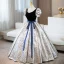 Elegant Navy Blue Embroidered Bow Sash Prom Dresses 2024 Ball Gown V-Neck Puffy Short Sleeve Floor-Length / Long Prom Formal Dresses