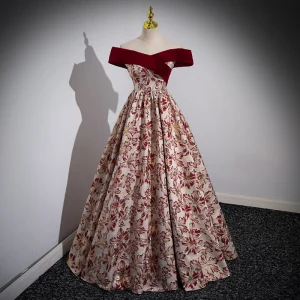 Élégant Bordeaux Impression Robe De Bal 2023 Princesse De L Épaule Sans Manches Dos Nu Longue Promo Robe De Ceremonie