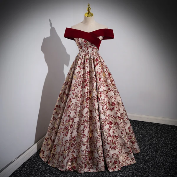 Elegant Burgundy Printing Prom Dresses 2023 A-Line / Princess Off-The-Shoulder Sleeveless Backless Floor-Length / Long Prom Formal Dresses