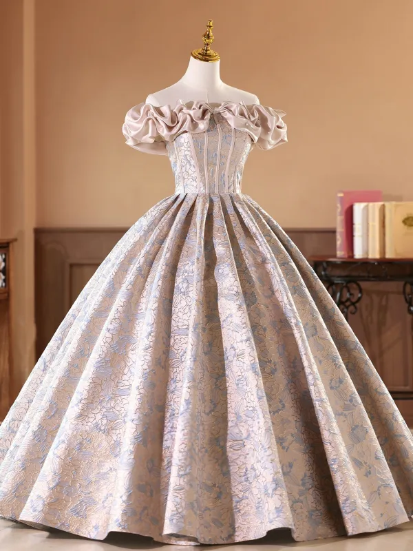Elegant Nude Printing Prom Dresses 2026 Ball Gown Off-The-Shoulder Short Sleeve Backless Floor-Length / Long Formal Dresses