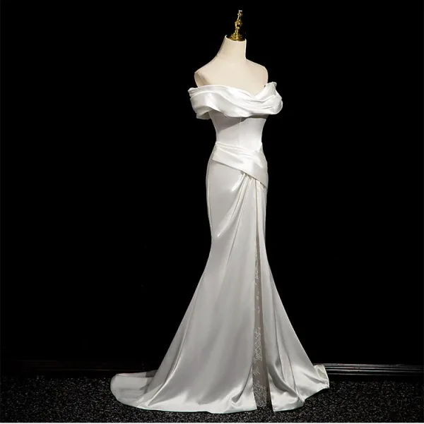 Chic / Belle Blanche Fendue devant Robe De Bal 2024 Trompette / Sirène Bustier Sans Manches Dos Nu Train De Balayage Promo Robe De Ceremonie