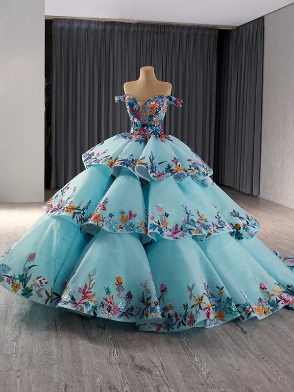 Fancy High-end Pool Blue Beading Cascading Ruffles Handmade  Sequins Lace Flower Prom Dresses 2024 Ball Gown Off-The-Shoulder Sleeveless Backless