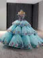 Fancy High-end Pool Blue Beading Cascading Ruffles Handmade  Sequins Lace Flower Prom Dresses 2024 Ball Gown Off-The-Shoulder Sleeveless Backless