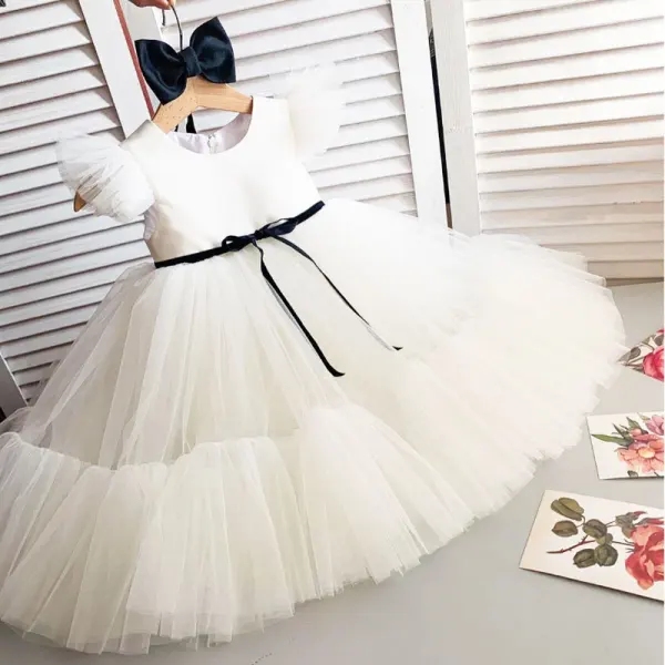 Modest / Simple Sky Blue Birthday Flower Girl Dresses 2023 A-Line / Princess Scoop Neck Sleeveless Bow Sash Floor-Length / Long Flower Girl Dresses
