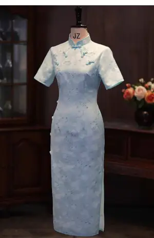 Chinese Style Sky Blue Printing Tea Length Silk Cheongsam 2026 Trumpet Mermaid High Neck Short Sleeve