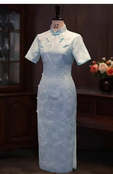 Chinese Style Sky Blue Printing Tea Length Silk Cheongsam 2026 Trumpet Mermaid High Neck Short Sleeve