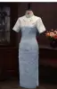 Chinese style Sky Blue Printing Tea-length Silk Cheongsam 2026 Trumpet / Mermaid High Neck Short Sleeve