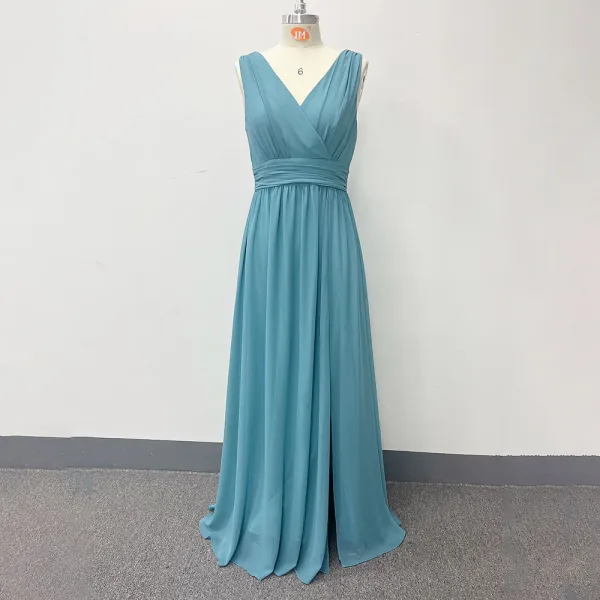 Modest / Simple Pool Blue Split Front Bridesmaid Dresses 2023 A-Line / Princess Chiffon V-Neck Sleeveless Backless Floor-Length / Long Bridesmaid Dresses
