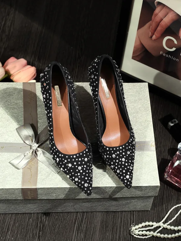 High-end Sexy Black Rhinestone Prom Pumps 2025 Leather 10 cm Stiletto Heels Pointed Toe Pumps High Heels