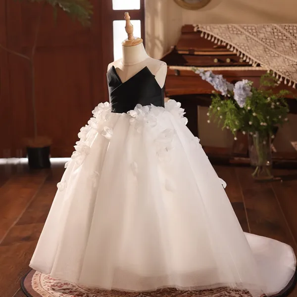 Chic / Belle Noire Appliques Anniversaire Robe Ceremonie Fille 2025 Bretelles croisées Robe Boule Bustier Sans Manches Dos Nu Train De Balayage