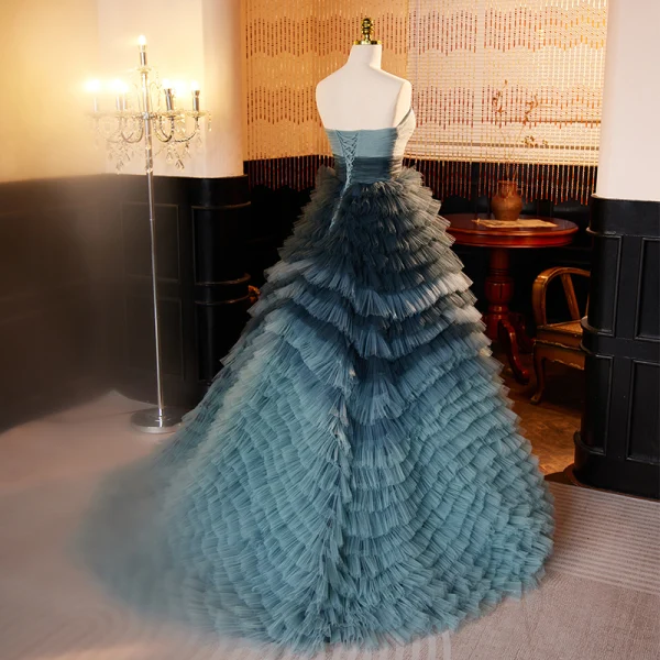 Fashion Ink Blue Cascading Ruffles Prom Dresses 2023 Ball Gown Strapless Sleeveless Backless Sweep Train Prom Formal Dresses