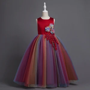 Chic Belle Bordeaux Appliques Perle En Dentelle Fleur Anniversaire Robe Ceremonie Fille 2024 Robe Boule Encolure Dégagée Sans Manches Noeud Ceinture Longue