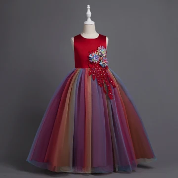 Chic Beautiful Burgundy Appliques Pearl Lace Flower Birthday Flower Girl Dresses 2024 Ball Gown Scoop Neck Sleeveless Bow Sash Floor Length Long