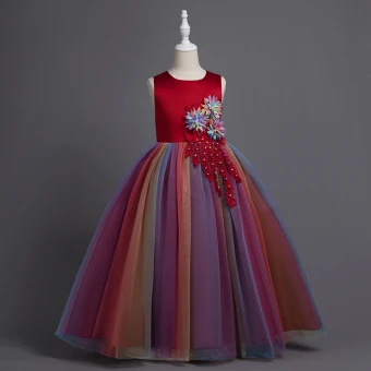 Chic Beautiful Burgundy Appliques Pearl Lace Flower Birthday Flower Girl Dresses 2024 Ball Gown Scoop Neck Sleeveless Bow Sash Floor Length Long