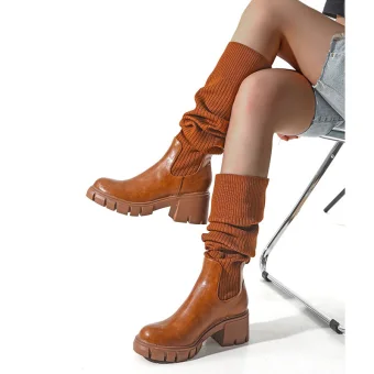 Fashion Brown Fall Winter Street Wear Sock Boots 2023 6 Cm Thick Heels Round Toe Womens Boots