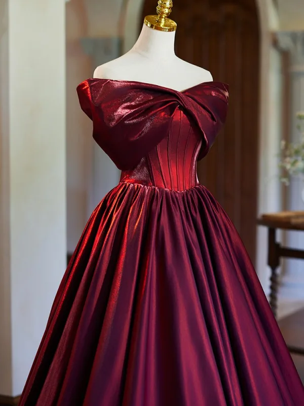 Elegant Burgundy Satin Prom Dresses 2024 Ball Gown Off-The-Shoulder Bow Sleeveless Backless Floor-Length / Long Prom Formal Dresses