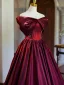 Elegant Burgundy Satin Prom Dresses 2024 Ball Gown Off-The-Shoulder Bow Sleeveless Backless Floor-Length / Long Prom Formal Dresses