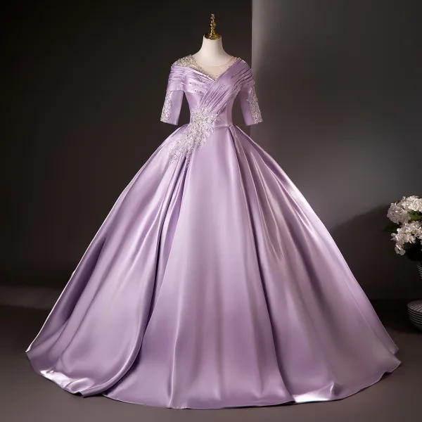 Vintage / Retro Elegant Lavender Beading Sequins Prom Dresses 2025 Ball Gown Scoop Neck Short Sleeve Backless Floor-Length / Long Formal Dresses