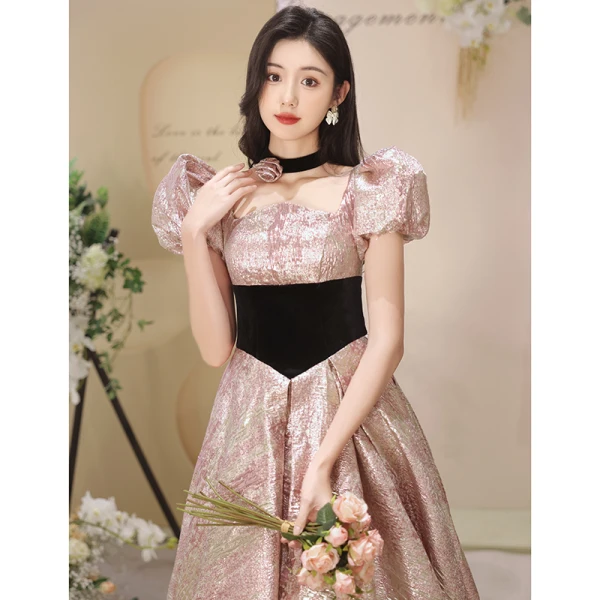 Fashion Blushing Pink Glitter Prom Dresses 2023 A-Line / Princess Square Neckline Puffy Short Sleeve Backless Bow Floor-Length / Long Formal Dresses
