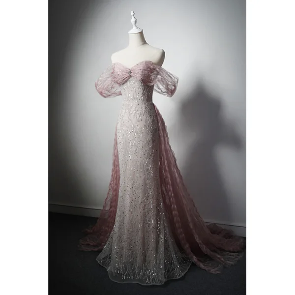 Charmant Gris Rougissant Rose Perlage Faux Diamant Paillettes Robe De Soirée 2022 Trompette / Sirène De l'épaule Manches Courtes Dos Nu Train De Balayage Soirée Robe De Ceremonie