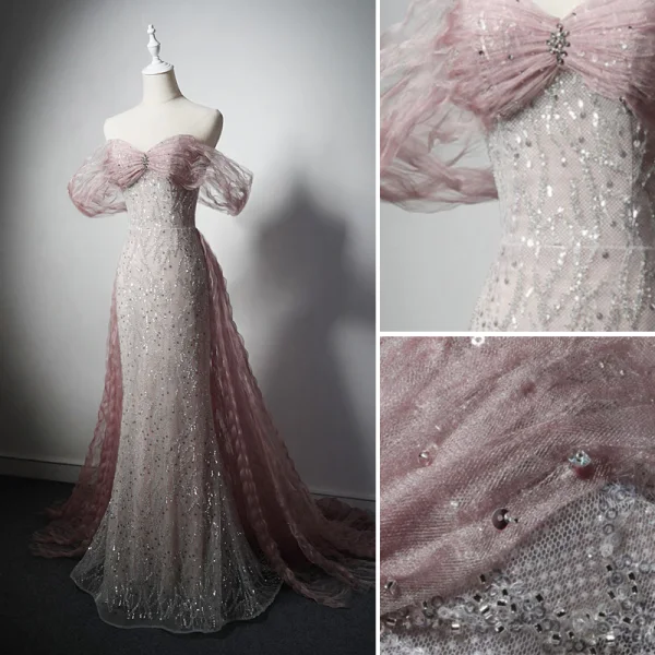 Charmant Gris Rougissant Rose Perlage Faux Diamant Paillettes Robe De Soirée 2022 Trompette / Sirène De l'épaule Manches Courtes Dos Nu Train De Balayage Soirée Robe De Ceremonie