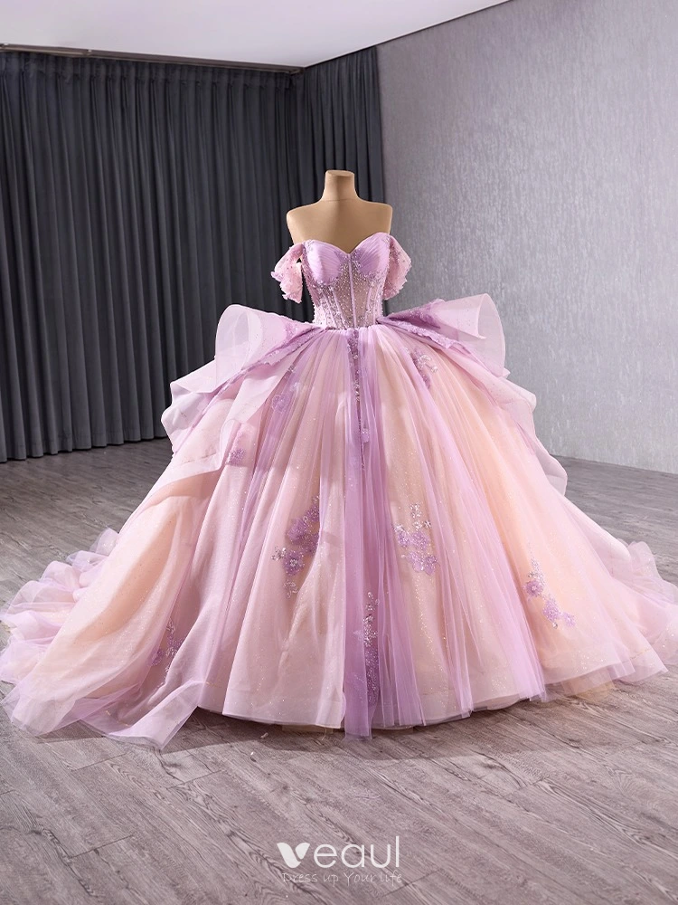 Sequin Tulle Pink Off The Shoulder Bow Prom Dress