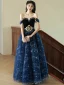 Charming Black Gold Beading Pearl Sequins Prom Dresses 2024 Ball Gown Off-The-Shoulder Short Sleeve Backless Floor-Length / Long Prom Formal Dresses