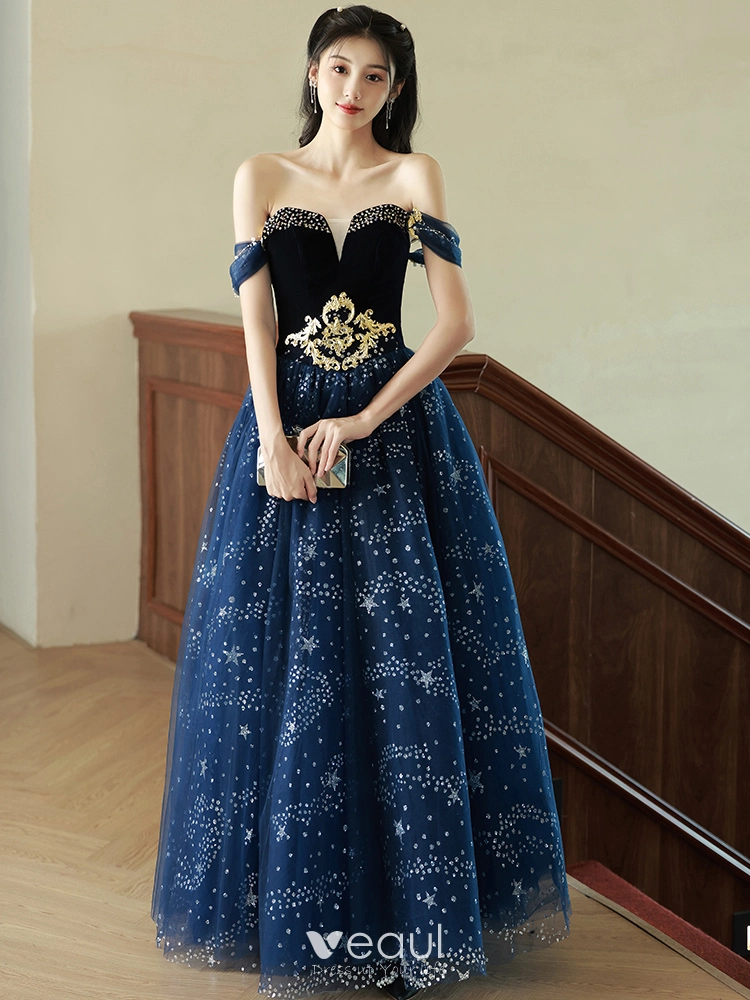 Charming Black Gold Beading Pearl Sequins Prom Dresses 2024 Ball Gown Off-The-Shoulder Short Sleeve Backless Floor-Length / Long Prom Formal Dresses