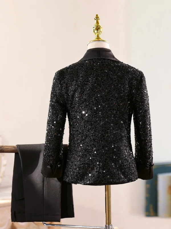 Scintillantes Noire Anniversaire 5 pièces Manches Longues Paillettes Costume Garçon Mariage 2026 Manteau Pantalon Chemise Cravate Gilet