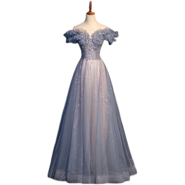 Chic / Beautiful Sky Blue Beading Pearl Sequins Prom Dresses 2022 A-Line / Princess Off-The-Shoulder Short Sleeve Backless Floor-Length / Long Prom Formal Dresses