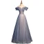 Chic / Beautiful Sky Blue Beading Pearl Sequins Prom Dresses 2022 A-Line / Princess Off-The-Shoulder Short Sleeve Backless Floor-Length / Long Prom Formal Dresses