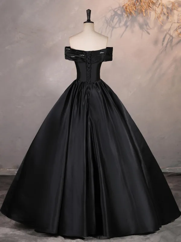 Elegant Black Satin Prom Dresses 2025 Ball Gown Off-The-Shoulder Short Sleeve Backless Floor-Length / Long Formal Dresses