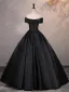 Elegant Black Satin Prom Dresses 2025 Ball Gown Off-The-Shoulder Short Sleeve Backless Floor-Length / Long Formal Dresses