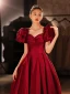 Chic / Beautiful Burgundy Satin Prom Dresses 2022 A-Line / Princess Square Neckline Puffy Short Sleeve Backless Floor-Length / Long Formal Dresses