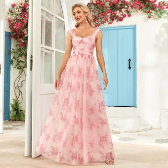 Chic Belle Rougissant Rose Impression Robe De Bal 2025 Princesse Bretelles Spaghetti Sans Manches Dos Nu Longue Promo Robe De Ceremonie