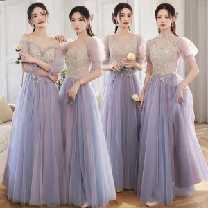 Élégant Violet En Dentelle Fleur Robe Demoiselle D Honneur 2022 Princesse Perlage Perle Paillettes Manches Courtes Dos Nu Longue Demoiselle D Honneur Robe Pour Mariage