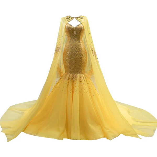 High-end Sparkly Yellow Beading Rhinestone Sequins Prom Dresses 2022 Trumpet / Mermaid With Cloak Spaghetti Straps Sleeveless Backless Court Train Formal Dresses