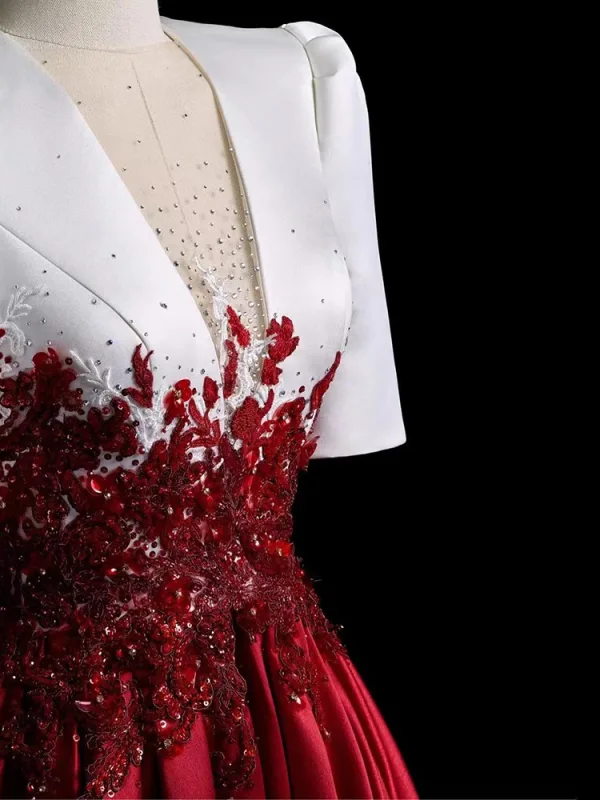 Elegante Burgunderrot Perlenstickerei Pailletten Satin Ballkleider 2024 Ballkleid V-Ausschnitt Kurze Ärmel Lange Ball Festliche Kleider