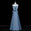 Scintillantes Bleu Ciel Paillettes Soirée Robe De Fete 2025 Princesse Noeud Bustier Sans Manches Dos Nu Longue Robe De Ceremonie