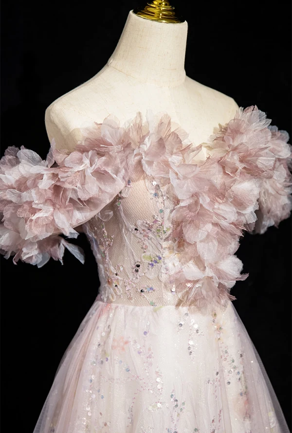 Élégant Rougissant Rose Appliques Paillettes Robe De Bal 2024 Princesse De l'épaule Manches Courtes Dos Nu Longue Promo Robe De Ceremonie