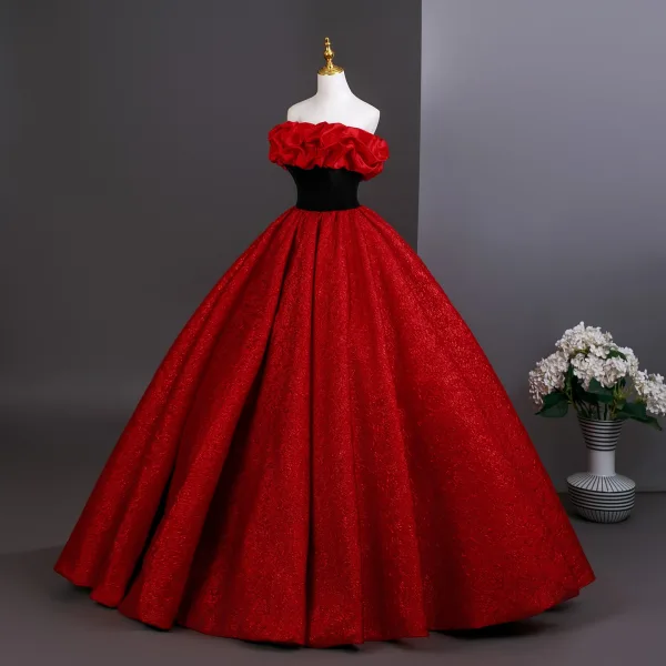Vintage / Retro Red Prom Dresses 2025 Ball Gown Ruffle Strapless Sleeveless Backless Floor-Length / Long Formal Dresses